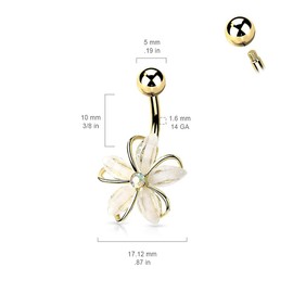 Pierced Owl 14GA Stainless Steel CZ Crystal Centered Wire Set White Flower Belly Button Ring (Silver Tone)