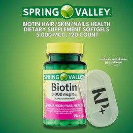 Spring Valley Biotin, Biotin 5000 mcg, Biotin Softgels, 120 Count Bundle with Pill case