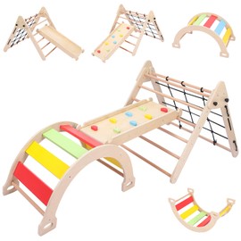 Toddler Indoor Climbing Toy, 5 in 1 Wooden Gym Playset, Playground Jungle Gym, Baby Triangle Folding Climbing