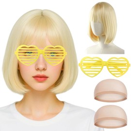 SWZY Short Bob Wigs For Women,4pcs Blonde Bob Wig With Sunglass And Wig Cap,Fancy Dress Synthetic Straight Bangs Wigs For Women Natural Looking For Daily Use