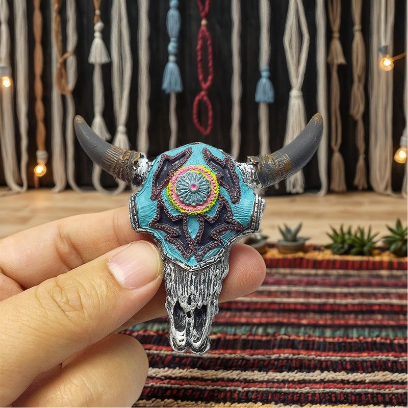2Pcs Hand-Painted Bull Skull Fridge Magnet – Indian Style, Cowboy