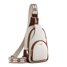 Vulkitty Sling Backpack Chest Bag for Women PU Leather Trendy Crossbody Shoulder Bag with Cable Hole, White and Brown
