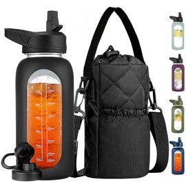 CIVAGO 32 oz Glass Water Bottle with Straw and Insulated Bottle Holder Sling, Motivational Water jug with Time Marker and Silicone Sleeve, Water Flask with 2 Lids for Walking and Gym Black