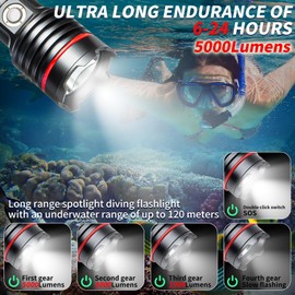 ダイビングライト、LetonPower 5000 Lumens 水中ライト,100mスキューバ ライト, タイプC充電 ダイビング 水中ライト、スポットライトロングショットダイビング ライト