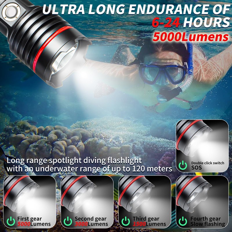 ダイビングライト、LetonPower 5000 Lumens 水中ライト,100mスキューバ ライト, タイプC充電 ダイビング 水中ライト、スポットライトロングショットダイビング ライト