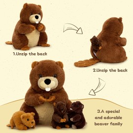 MaoGoLan 4Pcs Beaver Stuffed Animals with Three Babies Inside,17.7" Fluffy Giant Beaver Plush Gift,Funny Beave Plushie Woodland Toys for Kids,Teens,Baby Shower,Christmas