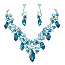 BriLove Women's Bohemian Boho Crystal Floral Vine Leaf Statement Necklace Dangle Earrings Sets Turquoise Color Gold-Tone