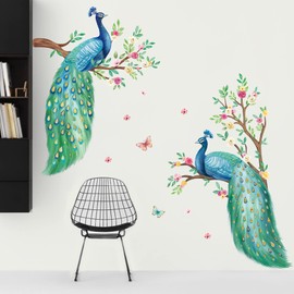 decalmile Peacock Wall Decals Flowers Tree Branch Wall Stickers Bedroom Living Room Sofa TV Background Wall Decor