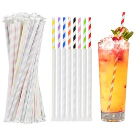 Extra Long Disposable Paper Straws, Individually Wrapped, 26 x 0.6 cm, Colourful Stripes - Pack of 400