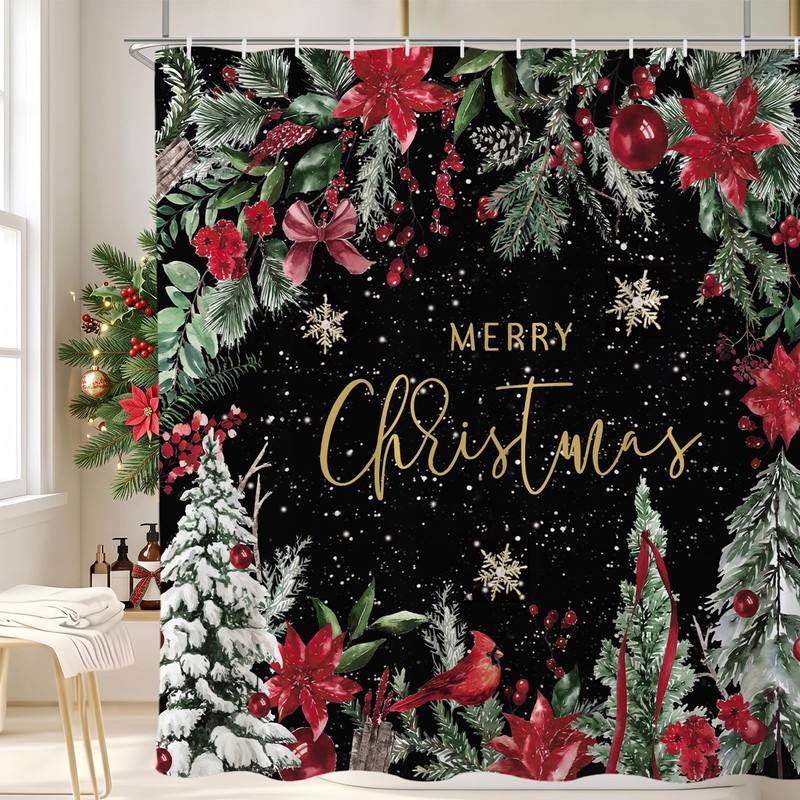 Christmas Poinsettia Shower Curtain Winter Tree 72x72 Inch