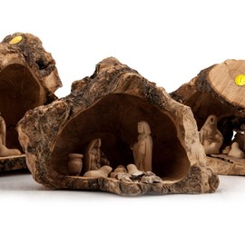 Christmas Nativity Set Indoor - Nativity Scene in Manger Carved Inside of a Solid Piece of Olive Wood Branch - Wooden Nativity Set Made in The Holy Land