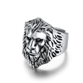 Animal Lion Head Ring, Rock Lion Ring for Men, Vikings Lion Ring Silver Lion Head Jewelry, Wild Lion Ring Gothic Lion Face Ring with Mane Punk Lion Amulet Ring for Boys (V1/2)