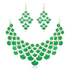 Flyonce Green Statement Collar Necklace with Earrings Set, Enamel Vintage Chunky Bib Costume Jewelry Sets for Women Wedding