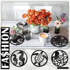 Reallnaive 3 Pcs Cast Iron Trivet for Hot Dishes, Dutch Oven, Hot Pots, and Pans 7.9 Inches Decorative Metal Trivet Beach Ocean Sea Turtle Seahorse Octopus Turtle Design Cast Iron Pot Holder