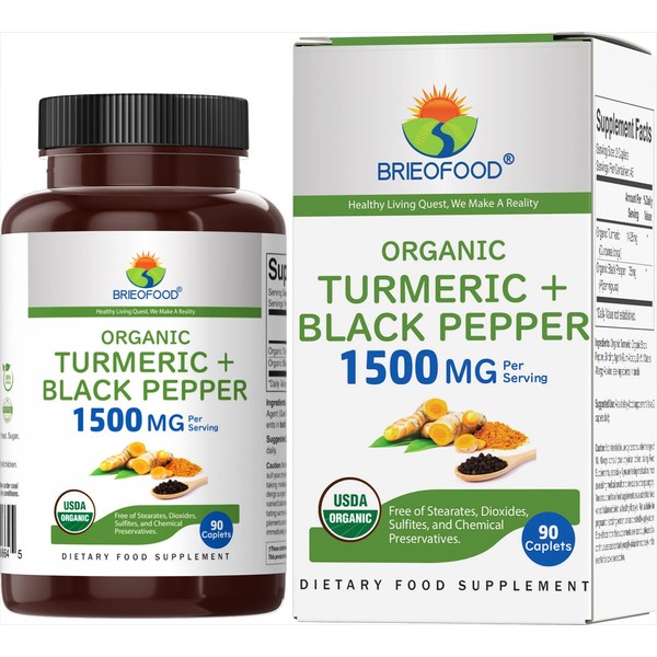 Brieofood Organic Turmeric with Black Pepper 1500mg, 45 Servings, Vegetarian, Gluten Free, 90 Vegetarian Tablets