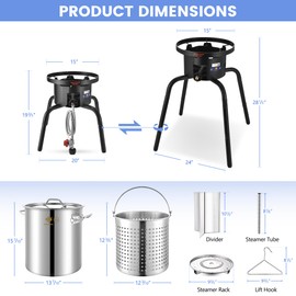 ARC 40QT Turkey Fryer Pot With Basket Kit, Stainless Steel Tamale Steamer Pot And Cast Iron Propane Burner 65,000BTU With Adjustable Legs, Crawfish Boil Seafood Boil Pot Propane Stove For Outdoor