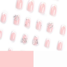 24Pcs Press on Nails Long Square Coffin French Tip with Nude White 3D Butterfly Design Acrylic Nails Fake Nails Thick Glossy Full Cover Glue on Nails Stick on Nails for Women JP2768