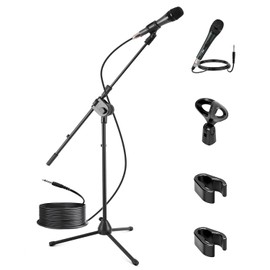 Pyle Kit Soporte Tripie para Micrófono, Inculye Micrófono y Cable de 4.5 Metros, Brazo Extensible de 19 cm, Patas de Trípode Muy Resistentes y Altura Ajustable de 80 CM a 1.5 MTS