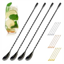 4 Pcs Bar Spoon Cocktail Mixing Spoon Set – Black Coffee Spoons, 12" Stainless Steel with Twisted Spiral Handle Stirring Spoons, Good for Cocktails, Iced Tea, & Coffee Stirring for Drink Mixing Lovers