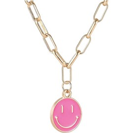 MiniYoSeixer Smile Pendant Necklace, Colorful Smile Face Paperclip Chain Necklace Cute Round Trendy Pendant Necklace Preppy Jewelry for Women Girls (Pink)