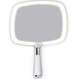 Mirrorvana Espejo de Mano Iluminado para Viajes - con Base Desmontable y 3 ajustes de luz para una aplicación de Maquillaje Ideal para Mujeres y niñas - 23 cm x 20 cm (Blanco)