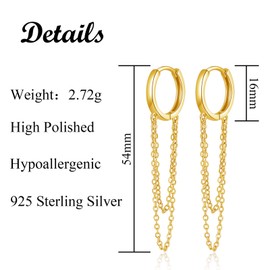 Zolkamery Silver Hoop Earrings for Women, 925 Sterling Silver Earrings Hanging with Two Tassel Chain, Hypoallergenic Huggie Hoop Earrings Set, Hoop Earrings Dangle Earrings with Gift Box, Yellow Gold,
