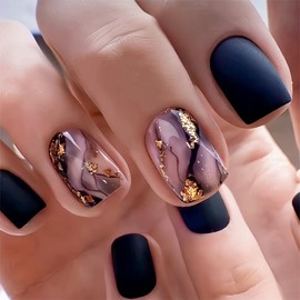 Press on Nails Short Square Fake Nails Black False Nails with Designs Marble Foil Glossy Glue on Nails Shiny Full Cover Acrylic Stick on Nails for Women Nail Art Decoration 24 Pcs