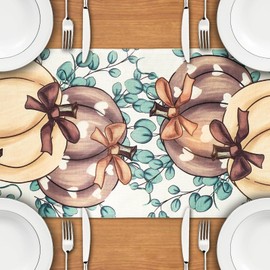 Aitsite Autumn Table Runner, Eucalyptus Leaves, Brown Pumpkin Autumn Decoration, Kitchen Table Decoration, Outdoor Holiday Party Decor, 40 x 180 cm