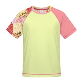ANGEL CITIZ Boys' Short-Sleeved Crew Neck Swimming Shirt UV Children's Rash Guard UPF 50+ Swimming Shirt Children 125-155, 01-yellow print
