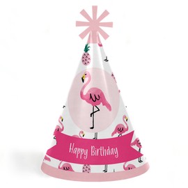 Pink Flamingo - Party Like a Pineapple - Tropical Summer Cone Happy Birthday Party Hats for Kids and Adults - Set of 8 (Standard Size)
