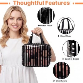 Travel Makeup Organizer, Compact Lightweight Accessory for Travel and Daily Use - Edelefas Clear Black Striped PVC