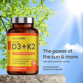 NaturesVits Vitamin D3 and K2 Bone Supplement - with Zinc, MCT Oil and Boron for Calcium Absorption for Joint Care - High Strength Natural Supplements for Women and Men