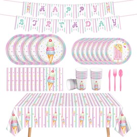 170pcs Ice Cream Party Supplies Ice Cream Birthday Paper Plates Napkins Tablecloth Banner Girls Disposable Tableware Set Cups Ice Cream Birthday Party Decorations Serves 24