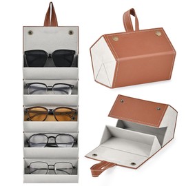 CO-Z Travel Sunglasses Organizer, Foldable Travel Sunglass Case with 5 Slots Mirror Straps for Multiple Pairs, Portable Eyeglasses Holder Glasses Storage Box for Women Men, Brown Leather
