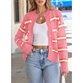 EVALESS Womens 2024 Trendy Cropped Striped Cardigans Sweaters Fashion Chunky Long Sleeve V Neck Knit Fall Winter Spring Lightweight Outerwear Coats,Pink Stripe Small