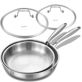 DELARLO Tri-ply Stainless Steel Kitchen Cookware Frying Pan Set with Lid 10.5" 12.5" Induction large Skillets Chef's Pan,Pots and Pans Set Kitchen Cookware Set Suitable for All Stove