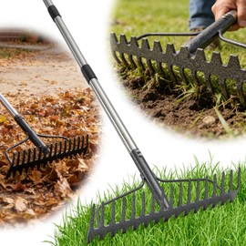 Bow Rake , 2-in-1 77in Metal Garden Lawn Rake for Weeding Digger Loosening Soil Raking Leaf Leveling Rocks Spreading Mulch Gravel 17 Tines Adjustable Garden Rake (77 Inch)