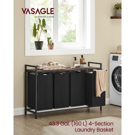 VASAGLE Laundry Hamper, Laundry Basket, Laundry Sorter with 4 Pull-Out and Removable Bags, Shelf, Metal Frame, 4 x 10.6 Gallons (40 L), 45.7 x 13 x 28.4 Inches, Ink Black and Rustic Brown UBLH401B01