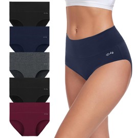 coskefy Cotton Panties for Women No Show High Waisted Underwear Seamless Tummy Control Briefs 5 Pack