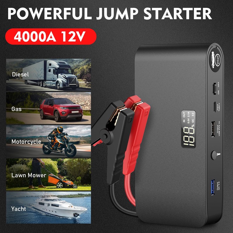 BOOKOO Car Battery Jump Starter 4000A,16000mAh Portable Battery Jumper Cables