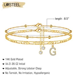 Ursteel Ankle Bracelets for Women, G Initial Anklet 14K Gold Plated Dainty Adjustable Layered Chain with CZ Letter G Initial Anklets Set Summer Jewelry Gifts Anklets for Women