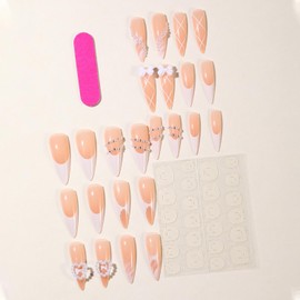 French Tip Press on Nails Long Almond Fake Nails with Heart-Shaped Pearl Bow Charms Acrylic Nails Press ons Cute Design French Nails Press ons Cute Bow Stick on Nails Rhinestones Nails for Women