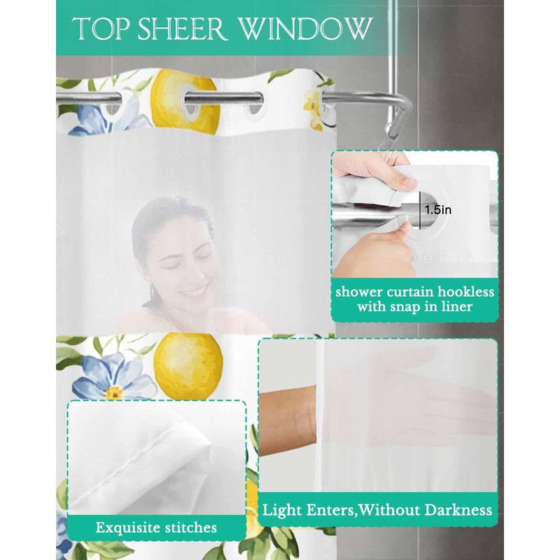 No Hooks Shower Curtain and Snap-in Liner Sets 72"x72",Summer Farm