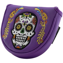 Gbourly Purple Golf Club Colorful Skull Skeleton Mallet Putter Head Cover Magnetic Closure Heel Shafted Satin Pattern PU Leather Headcover