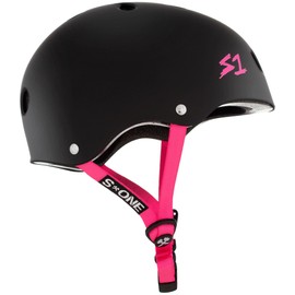 S1 Lifer Helmet for Skateboarding, BMX, and Roller Skating - EPS Fusion Foam, CPSC & ASTM Certified - Black Matte w/Pink Straps XXX-Large (23.5")