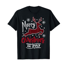 Merry Christmas in July Plaid Red Reindeer & Snowflake T-Shirt
