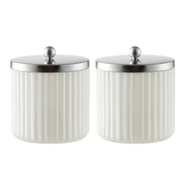 KMwares 2-Pack White Glass Bathroom Canister Set with Silver Metal Lids – Stylish, Airtight Storage for Cotton Balls, Swabs, Pads, and Floss Picks