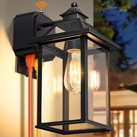 Porch Light with GFCI Outlet, 14'' Large Dusk to Dawn Outdoor Lights for House, Waterproof Exterior Lighting Fixtures, Black Anti-Rust Outside Wall Mount Sconce for Patio Front Door Entryway, E26