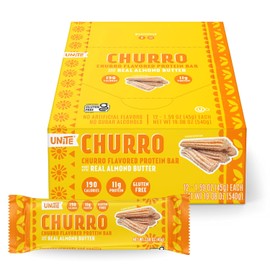 UNiTE Barra de proteína, 10 g de proteína, 200 calorías, sabor a churro, ingredientes reales, sin edulcorantes ni saborizantes artificiales, sin gluten ni soja, alto contenido en proteínas, para mujer