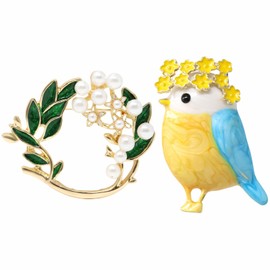Honbay 2PCS Fashion Birdie Wreath Brooch Pins Enamel Alloy Cute Animal Little Birds Garland Brooches Gardenia Flower Bird Breastpin Lapel Pins Hat Scarf Shawl Sweater Cardigan Clips